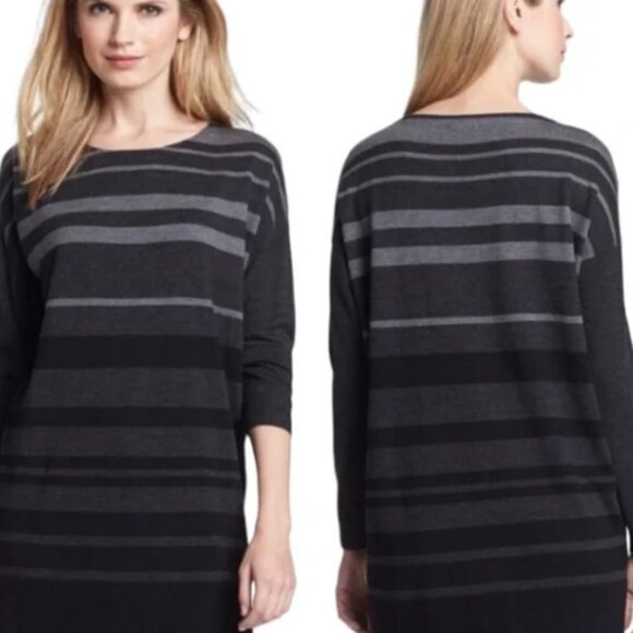 Eileen Fisher | 100% Merino Wool Drop Shoulder Long Sleeve Gray Striped Sweater - Picture 1 of 10